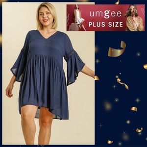 Umgee 3/4 Bell Sleeve V-Neck Dress Crochet Details